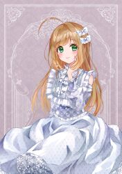 Rule 34 | 1girl, ahoge, blush, bow, brown hair, chiaki1126iove, dot nose, dress, eyelashes, frilled dress, frills, gathers, green eyes, hair bow, hand on own cheek, hand on own face, highres, idolmaster, idolmaster cinderella girls, idolmaster cinderella girls starlight stage, light brown hair, lips, long hair, long sleeves, looking at viewer, multiple hair bows, off shoulder, sato shin, smile, solo, swept bangs, tareme, very long hair, white bow, white dress