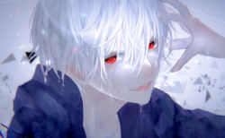 Rule 34 | 1boy, absurdres, bad id, bad pixiv id, bishounen, dripping, hair between eyes, highres, looking at viewer, male focus, open mouth, original, pink lips, portrait, red eyes, shion (reira), smile, solo, teeth, tongue, upper body, wet, white hair