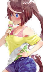Rule 34 | 1girl, :p, bare shoulders, blue eyes, blush, brown hair, commentary request, cowboy shot, food, hair between eyes, hand on own hip, hand up, highres, holding, holding food, horse girl, ice cream, multicolored hair, off-shoulder shirt, off shoulder, ponytail, shirt, short sleeves, solo, standing, streaked hair, striped clothes, striped shirt, tail, tokai teio (umamusume), tongue, tongue out, uenoryoma, umamusume, white hair, yellow shirt