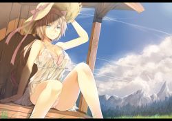 Rule 34 | 1girl, animal ears, blonde hair, bow, bra, breasts, carving, cleavage, collarbone, hair bow, hanna rudel, hat, hews, large breasts, letterboxed, mountain, panties, pantyshot, pink bra, pink panties, scar, sitting, smile, solo, strike witches, strike witches: suomus misfits squadron, sun hat, tail, underwear, wolf ears, wolf tail, world witches series