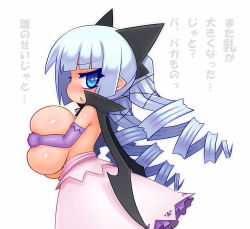 Rule 34 | 1girl, alexi (tits!), blue eyes, breast hold, breasts, covering privates, covering breasts, gloves, huge breasts, long hair, original, pointy ears, translation request, uni (arekishi), white hair