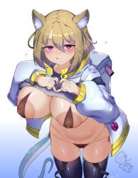 Rule 34 | 1boy, 1girl, absurdres, alternate breast size, animal ear fluff, arknights, bikini, black thighhighs, breasts, brown hair, cuddz, doctor (arknights), heart, heart hands, highres, huge breasts, jacket, large areolae, large breasts, long sleeves, looking at viewer, micro bikini, milk, open clothes, open jacket, puffy long sleeves, puffy sleeves, purple eyes, swimsuit, tail, thighhighs, utage (arknights)