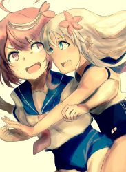 Rule 34 | 10s, 2girls, absurdres, bad id, bad pixiv id, blonde hair, blue eyes, crop top, flower, hair flower, hair ornament, highres, i-58 (kancolle), kantai collection, multiple girls, one-piece tan, pink eyes, pink hair, ranf, ro-500 (kancolle), sailor collar, school swimsuit, school uniform, serafuku, short hair, swimsuit, swimsuit under clothes, tan, tanline