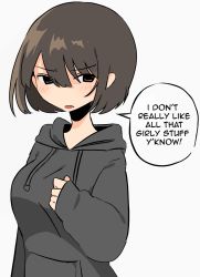Rule 34 | 1girl, black hoodie, breasts, brown eyes, drawstring, english text, grey background, hair behind ear, highres, hood, hoodie, large breasts, open mouth, original, short hair, simple background, snale, solo, speech bubble, upper body, white background