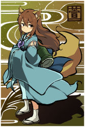 Rule 34 | 1girl, :/, alternate costume, animal ears, backpack, bag, blue dress, blush, brown eyes, brown hair, detached sleeves, dress, full body, hands in opposite sleeves, highres, imaizumi kagerou, japanese clothes, japanese mythology, jewelry, kaya no hime, kayanu-hime, kimono, long hair, long sleeves, looking at viewer, necklace, pendant, sandals, shikihime zoushi, solo, tail, touhou, wide sleeves, wolf ears, wolf tail, yudepii