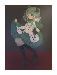 Rule 34 | 1girl, aiguillette, aqua hair, black ribbon, blunt bangs, blush, boots, border, brown footwear, buttons, coat, crown, dress, frilled dress, frilled sleeves, frills, full body, futaba sana, green dress, green eyes, green neckerchief, grey pantyhose, hair ribbon, highres, invisible chair, lapels, layered sleeves, lifting own clothes, long sleeves, looking at viewer, magia record: mahou shoujo madoka magica gaiden, mahou shoujo madoka magica, mini crown, neckerchief, pantyhose, playing with own hair, ribbon, ruru (rurumagi), short dress, sidelocks, sitting, smile, solo, twintails, wavy hair, white border, white coat