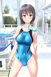 Rule 34 | 1girl, absurdres, blue one-piece swimsuit, breasts, brown eyes, clock, clothes writing, commentary request, competition swimsuit, contrapposto, covered navel, cowboy shot, goggles, grey hair, grin, groin, highres, indoors, large breasts, looking at viewer, multicolored clothes, multicolored swimsuit, one-piece swimsuit, original, pool, poolside, short hair, smile, solo, starting block, striped clothes, striped one-piece swimsuit, swimsuit, takafumi, unworn goggles, unworn swim cap