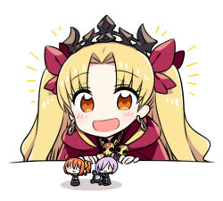 Rule 34 | 1girl, :d, blonde hair, blush, cape, chan co, character doll, chibi, crown, dot nose, earrings, ereshkigal (fate), fate/grand order, fate (series), figure, fujimaru ritsuka (female), happy, jewelry, long hair, looking at viewer, mash kyrielight, open mouth, purple cape, simple background, smile, solo, tohsaka rin, twintails, white background