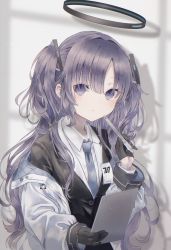 Rule 34 | 1girl, blue archive, blurry, blurry background, commentary request, empty eyes, expressionless, gloves, hair ornament, halo, highres, id card, jacket, looking at viewer, mechanical halo, necktie, paruno, purple eyes, purple hair, shadow, solo, stylus, tablet pc, yuuka (blue archive)
