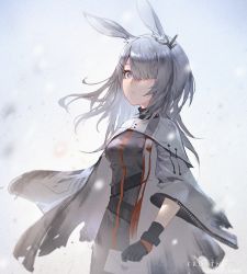 Rule 34 | 1girl, animal ears, arknights, black gloves, breasts, character name, commentary request, cowboy shot, dress, frostnova (arknights), gloves, grey background, grey dress, grey eyes, hair over one eye, holding, holding letter, kuhnowushi, letter, long hair, long sleeves, medium breasts, rabbit ears, resolution mismatch, silver hair, solo, source larger, standing, wide sleeves