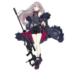 Rule 34 | 1girl, anti-materiel rifle, black footwear, black gloves, black shorts, bolt-action rifle, boots, breasts, coat, cross-laced footwear, earphones, feather-trimmed coat, floating hair, full body, girls&#039; frontline, gloves, goggles, goggles around neck, grey coat, grey hair, grey tank top, gun, holding, holding gun, holding weapon, lace-up boots, long hair, long legs, looking away, medium breasts, multicolored hair, multiple straps, off shoulder, official art, open clothes, open coat, purple eyes, purple hair, rifle, scope, shorts, sidelocks, single glove, sniper rifle, sola7764, solo, streaked hair, suppressor, t-cms (girls&#039; frontline), tank top, tinted eyewear, transparent background, truvelo armoury, truvelo cms, unworn eyewear, very long hair, weapon, wristband