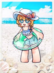 Rule 34 | 1girl, alternate costume, beach, bikini, bikini top only, blue eyes, blue innertube, blue sky, blush, blush stickers, bow, braid, breasts, bright pupils, chibi, cleavage, cloud, commentary request, cookie (touhou), day, frilled bikini, frills, full body, hair bow, hat, hat bow, highres, hiyouen kitsune, holding, holding swim ring, horizon, innertube, kirisame marisa, looking at viewer, medium bangs, meguru (cookie), navel, ocean, open mouth, outdoors, purple bow, red bow, seashell, shell, short hair, shorts, side braid, single braid, sky, small breasts, smile, solo, standing, starfish, swim ring, swimsuit, thick eyebrows, touhou, triangle mouth, white bikini, white hat, white pupils, white shorts