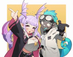 Rule 34 | 1boy, 1girl, :d, :o, aqua hair, arknights, arm up, bandaid, bandaid on face, bandaid on nose, black gloves, blush, breasts, chameleon tail, colored skin, dog tags, ethan (arknights), frischenq, gloves, goggles, goggles on head, grey skin, head wings, index finger raised, large breasts, long hair, looking at viewer, manticore (arknights), midriff, open mouth, orange background, pointy ears, polka dot, polka dot background, purple eyes, purple hair, scorpion tail, sharp teeth, smile, tail, teeth, twintails, two-tone background, upper body, white background, white eyes, wings