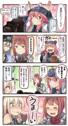 Rule 34 | 10s, 3girls, 4koma, = =, animal, animal ears, ark royal (kancolle), bare shoulders, bear, bear ears, bear paws, bismarck (kancolle), blonde hair, blue eyes, blush, blush stickers, brown gloves, comic, commentary request, corset, crescent, crescent hair ornament, detached sleeves, english text, flower, gloves, grin, hair between eyes, hair ornament, hat, ido (teketeke), kantai collection, long hair, military, military uniform, multiple girls, musical note, open mouth, peaked cap, pink eyes, pink hair, quaver, rabbit pose, red flower, red hair, red ribbon, red rose, ribbon, rose, shaded face, sharp teeth, short hair, smile, sparkle, speech bubble, teeth, translation request, uniform, uzuki (kancolle), very long hair, white corset