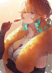 Rule 34 | 1girl, alcohol, betabeet, blue hair, breasts, champagne, champagne flute, cleavage, collarbone, cup, dress, drinking glass, earrings, elbow gloves, formal, fur scarf, gloves, highres, hololive, hololive english, jewelry, long hair, medium breasts, multicolored hair, necklace, orange hair, purple eyes, sideways glance, solo, takanashi kiara, two-tone hair, upper body, virtual youtuber