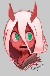 Rule 34 | 10s, 1girl, :d, child, colored skin, commentary, darling in the franxx, english commentary, green eyes, grey background, hair between eyes, highres, horns, long hair, nikusenpai, oni, oni horns, open mouth, pink hair, portrait, red pupils, red skin, ringed eyes, sharp teeth, signature, simple background, smile, solo, teeth, wide-eyed, zero two (darling in the franxx)