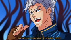 Rule 34 | 1boy, blue eyes, blurry, blurry background, depth of field, devil may cry (series), devil may cry 5, english text, fingerless gloves, gloves, grey hair, jojo no kimyou na bouken, kono dio da (meme), male focus, meme, misery16, open mouth, pointing, pointing at self, spoilers, teeth, too bad! it was just me! (meme), vergil (devil may cry)