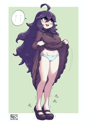 Rule 34 | ..., 1girl, :d, @ @, ahoge, blue eyes, blush, border, breasts, chichibu (watson), clothes lift, commentary request, creatures (company), curly hair, dress, dress lift, flying sweatdrops, game freak, green background, hair between eyes, hex maniac (pokemon), highres, large breasts, lifting own clothes, long hair, navel, nintendo, open mouth, panties, pokemon, pokemon xy, shoes, signature, smile, solo, spoken ellipsis, sweatdrop, tiptoes, trembling, underwear, white border