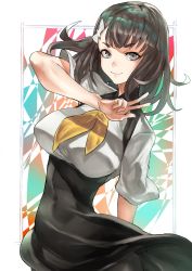 Rule 34 | 1girl, absurdres, breasts, brown eyes, brown hair, cowboy shot, gatchaman crowds, hair ornament, highres, hotate-chan, ichinose hajime, large breasts, looking down, medium hair, neckerchief, pantyhose, school uniform, smile, thick eyebrows, v, yellow neckerchief