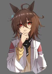 Rule 34 | 1girl, absurdres, agnes tachyon (umamusume), ahoge, animal ears, black necktie, brown hair, chemical structure, coat, collared shirt, commentary request, earrings, finger to own chin, grey background, hair between eyes, highres, horse ears, horse girl, jewelry, lab coat, long sleeves, messy hair, necktie, open clothes, open coat, parted lips, partial commentary, red eyes, ruisuke, shirt, short hair, simple background, single earring, solo, sweater vest, umamusume, upper body, white coat, yellow sweater vest