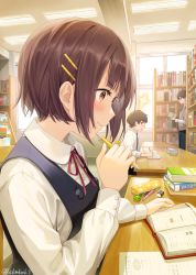 Rule 34 | 1girl, 2boys, akamoku, banned artist, black dress, blush, book, bookshelf, brown eyes, brown hair, chair, closed mouth, collared shirt, dress, dress shirt, hair ornament, hairclip, highres, holding, holding pencil, indoors, library, long sleeves, multiple boys, neck ribbon, on chair, open book, original, pencil, pencil case, pinafore dress, puffy long sleeves, puffy sleeves, red ribbon, ribbon, school uniform, shirt, short hair, sitting, sleeveless, sleeveless dress, smile, sparkle, table, white shirt