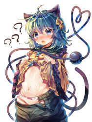 Rule 34 | 1girl, ?, ahoge, animal ears, blue eyes, blush, bow, bow panties, cat ears, cat tail, clothes lift, cowboy shot, cum, cum on body, cum on stomach, frilled sleeves, frills, green hair, green pants, hair ribbon, heart, heart of string, highres, kemonomimi mode, komeiji koishi, lifted by self, long sleeves, looking at viewer, medium hair, navel, nose blush, open mouth, panties, pants, ribbon, sekisei (superego51), shirt, shirt lift, simple background, solo, stomach, tail, tears, third eye, touhou, underwear, white background, white panties, wide sleeves, yellow ribbon, yellow shirt