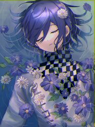 Rule 34 | 1boy, absurdres, blue flower, buttons, checkered clothes, checkered scarf, closed eyes, danganronpa (series), danganronpa v3: killing harmony, double-breasted, flower, hair between eyes, highres, in water, jacket, long sleeves, male focus, oma kokichi, parted lips, purple hair, scarf, short hair, solo, urami0310, water, white flower