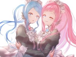 Rule 34 | 2girls, blue eyes, blue hair, closed mouth, collared shirt, felicia (fire emblem), fire emblem, fire emblem fates, flora (fire emblem), harumori kou, long hair, long sleeves, looking at viewer, maid, maid headdress, multiple girls, nintendo, open mouth, pink hair, ribbon, shirt, siblings, sisters, upper body
