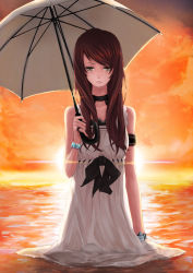 Rule 34 | 1girl, brown hair, crying, crying with eyes open, highres, long hair, mille (dieci), mirre, original, partially submerged, solo, standing, sunset, tears, umbrella, wading, water, yellow eyes