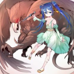 Rule 34 | 1girl, bird, blue eyes, blue hair, breasts, character request, closed mouth, detached sleeves, dress, ejami, glowing, glowing eyes, hawk, jewelry, knife, long hair, looking at viewer, original, red eyes, sandals, simple background, toes, twintails
