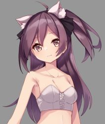 Rule 34 | 1girl, ahoge, animal ears, black ribbon, breasts, bustier, cat ears, cleavage, grey background, hagikaze (kancolle), hair ribbon, highres, kantai collection, long hair, medium breasts, one side up, purple eyes, purple hair, ribbon, simple background, solo, upper body, uut