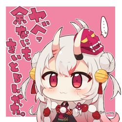 Rule 34 | ..., 1girl, :3, bell, black kimono, blush, chibi, closed mouth, double bun, fangs, fangs out, gradient hair, grey hair, hair bell, hair bun, hair ornament, highres, hololive, horns, japanese clothes, jingle bell, kimono, long hair, mask, mask on head, multicolored hair, muuran, nakiri ayame, nakiri ayame (1st costume), obi, off shoulder, oni, oni mask, pink background, red eyes, red hair, sash, skin-covered horns, solo, spoken ellipsis, streaked hair, sweat, translation request, twitter username, two-tone background, two side up, very long hair, virtual youtuber, white background