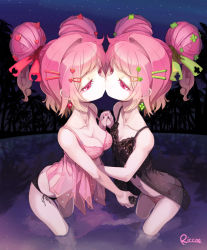 Rule 34 | 2girls, artist name, babydoll, bad id, bad pixiv id, black panties, breasts, cleavage, couple, double bun, eye contact, hair ornament, hair ribbon, hairclip, holding hands, heart, incest, kiss, looking at another, medium breasts, multiple girls, navel, original, panties, pink eyes, pink hair, pink panties, ribbon, riccae, short hair, siblings, sisters, small breasts, twincest, twins, underwear, yuri