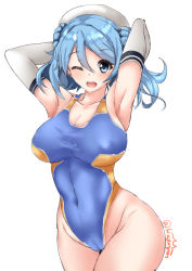 Rule 34 | 1girl, armpits, blue eyes, blue hair, blush, breasts, competition swimsuit, double bun, elbow gloves, gloves, groin, hair between eyes, hair bun, hat, kantai collection, kuga zankurou, large breasts, long hair, looking at viewer, one-piece swimsuit, one eye closed, open mouth, sailor hat, simple background, smile, solo, swimsuit, thighs, urakaze (kancolle), white background, white gloves, white hat