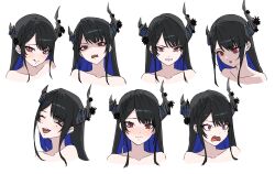Rule 34 | 1girl, absurdres, asymmetrical horns, black hair, blue hair, blush, chart, closed eyes, collarbone, colored inner hair, daydarion, demon horns, disgust, embarrassed, expression chart, expressions, highres, hololive, hololive english, horns, long hair, looking at viewer, mole, mole under eye, multicolored hair, nerissa ravencroft, open mouth, red eyes, simple background, smile, surprised, two-tone hair, uneven horns, virtual youtuber, white background