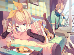 Rule 34 | 1boy, 1girl, aged up, alternate costume, aqua eyes, blonde hair, bow, brother and sister, coffee table, couch, detached sleeves, drawing (object), drink, food, fork, glass, hair bow, hair ornament, hairband, hairpin, heart, indoors, kagamine len, kagamine rin, looking at another, lying, ovos, pillow, plate, short hair, short ponytail, siblings, sitting, slippers, suspenders, table, thighhighs, tongue, tongue out, twins, vocaloid, window