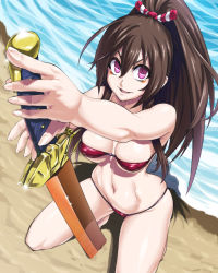 Rule 34 | &gt;:&gt;, 1girl, :&gt;, beach, bikini, breasts, brown hair, highres, ifuji shinsen, itou ittousai (sengoku collection), long hair, md5 mismatch, micro bikini, pink eyes, planted, planted sword, planted weapon, ponytail, red bikini, sengoku collection, solo, swimsuit, sword, v-shaped eyebrows, weapon, wide ponytail