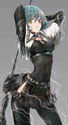 Rule 34 | 1girl, arms behind head, arms up, belt, black shirt, black skirt, black thighhighs, blue hair, breasts, brown eyes, contrapposto, covered navel, cowboy shot, electricity, floral print, grey background, highres, holding, holding weapon, impossible clothes, impossible shirt, long sleeves, looking at viewer, md5 mismatch, medium breasts, open mouth, original, resolution mismatch, shirt, short hair, simple background, skirt, solo, source larger, standing, swav, thighhighs, weapon