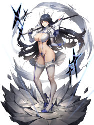 Rule 34 | 1girl, absurdres, armor, bakuzan, bikini armor, black hair, blue eyes, blue footwear, breasts, carrying over shoulder, closed mouth, covered erect nipples, crack, cracked floor, cross, electricity, eyelashes, fake horns, floating hair, front-seamed legwear, full body, gloves, groin, hand up, headgear, high heels, highres, holding, holding sword, holding weapon, horns, jinlin, kamui (kill la kill), katana, kill la kill, kiryuuin satsuki, large breasts, light smile, long hair, looking at viewer, magical girl, navel, outstretched hand, revealing clothes, seamed legwear, shards, shoulder armor, shrug (clothing), simple background, skin tight, smoke, solo, standing, stiletto heels, string, sword, thighhighs, very long hair, weapon, white background, white gloves, white thighhighs