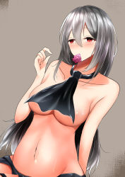Rule 34 | 1girl, absurdres, arknights, ascot, black ascot, breasts, commentary request, condom, condom wrapper, grey background, highres, kokihanada, large breasts, long hair, mouth hold, navel, no headwear, red eyes, silver hair, skadi (arknights), solo, stomach, topless, translation request, upper body, very long hair