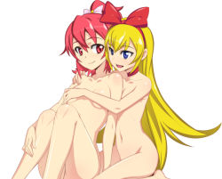 Rule 34 | 2girls, :d, aida mana, arm support, bare legs, bare shoulders, blonde hair, blue eyes, bow, breasts, caryo, choker, collarbone, completely nude, couple, covering privates, covering breasts, dokidoki! precure, female focus, flipped hair, friends, from behind, groin, hair between eyes, hair bow, hairband, hand on another&#039;s shoulder, hand on leg, hug, hug from behind, kneeling, knees together feet apart, legs, long hair, long legs, looking at another, looking back, multiple girls, nanashino, navel, neck, nude, open mouth, precure, red eyes, red hair, regina (dokidoki! precure), shiny skin, short hair, simple background, sitting, small breasts, smile, very long hair, white background, yuri