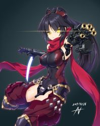 Rule 34 | 1girl, arm blade, black hair, covered navel, dated, fate/grand order, fate (series), glowing, glowing eye, joints, katou danzou (fate), nandz, ponytail, robot joints, scarf, signature, solo, weapon, yellow eyes