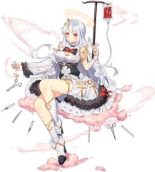 Rule 34 | 1girl, ark order, artist request, bandaged arm, bandages, black bow, blood, blood bag, boots, bow, braid, breasts, cloud, cross, detached sleeves, dress, flower, frilled dress, frills, hair flower, hair ornament, halo, intravenous drip, large breasts, long hair, official art, pincers (tool), raphael (ark order), red flower, red rose, rose, scalpel, scissors, sidelocks, single sleeve, sitting, smoke, socks, solo, string, string of fate, surgical scissors, syringe, tachi-e, thighlet, transparent background, tweezers, very long hair, white dress, white flower, white footwear, white hair, white rose, white socks