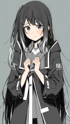 Rule 34 | !, 1girl, black coat, black hair, closed mouth, coat, coefont, collared shirt, gradient hair, grey background, grey eyes, grey shirt, grey theme, hands up, highres, light frown, long hair, long sleeves, looking at viewer, millial (coefont), minatsuki (m1natsuk1), multicolored hair, shirt, sidelocks, solo, standing, streaked hair, two-tone hair, white hair, wide sleeves