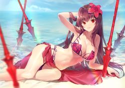 Rule 34 | 1girl, arm up, bare arms, bare shoulders, beach, bikini, blue sky, blush, breasts, bridal garter, brown hair, cleavage, cloud, cloudy sky, collarbone, commentary request, day, fate/grand order, fate (series), flower, gae bolg (fate), hair between eyes, hair flower, hair intakes, hair ornament, hibiscus, horizon, kagachi saku, large breasts, lens flare, long hair, looking at viewer, nail polish, navel, ocean, outdoors, parted lips, planted, purple bikini, purple hair, purple sarong, red bikini, red eyes, red flower, sand, sarong, scathach (fate), scathach (fate/grand order), scathach (swimsuit assassin) (fate), sky, smile, swimsuit, very long hair, water, weapon