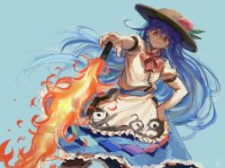 Rule 34 | 1girl, black hat, blue background, blue hair, blue sash, blue skirt, bow, bowtie, brown footwear, center frills, closed mouth, commentary, cowboy shot, elosia, fire, flaming sword, flaming weapon, floating hair, food, frills, fruit, hand on own hip, hat, hinanawi tenshi, leaf, long hair, looking at viewer, outstretched arm, peach, planted, planted sword, planted weapon, puffy short sleeves, puffy sleeves, red bow, red bowtie, red eyes, sash, shirt, short sleeves, skirt, smirk, solo, sword, sword of hisou, touhou, traditional media, v-shaped eyebrows, very long hair, weapon, white shirt