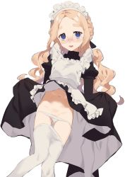 Rule 34 | 1girl, 2l (2lsize), absurdres, apron, black dress, blonde hair, blue eyes, blush, braid, clothes lift, clothes pull, commentary request, dress, dress lift, embarrassed, feet out of frame, french braid, frilled apron, frilled dress, frills, gluteal fold, highres, long hair, looking at viewer, maid, maid apron, maid headdress, navel, open mouth, original, panties, panty pull, pantyhose, pantyhose pull, parted bangs, puffy sleeves, simple background, smile, solo, thick eyebrows, underwear, wavy hair, white apron, white background, white panties, white pantyhose