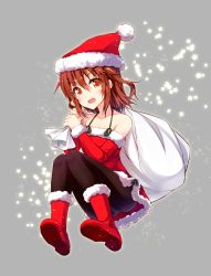 Rule 34 | 10s, 1girl, :d, alternate costume, brown eyes, brown hair, hair ornament, hairclip, hat, ikazuchi (kancolle), kantai collection, looking at viewer, open mouth, pantyhose, santa costume, santa hat, short hair, smile, solo, teruui