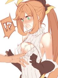Rule 34 | !?, 10s, 1girl, aqua eyes, bad id, bad twitter id, black gloves, blush, breasts, clarisse (granblue fantasy), cleavage, cleavage cutout, clothes pull, clothing cutout, full-face blush, gloves, granblue fantasy, green eyes, hair ribbon, long hair, open mouth, ponytail, ribbed shirt, ribbon, shiren (monochrome structure), shirt, shirt pull, simple background, sleeveless, sleeveless shirt, small breasts, solo focus, sweatdrop, turtleneck, white background