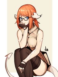 Rule 34 | 1girl, absurdres, black-framed eyewear, blue eyes, breasts, brown gloves, brown skirt, brown thighhighs, closed mouth, commission, copyright request, distr, fingerless gloves, glasses, gloves, highres, looking at viewer, medium breasts, orange hair, ponytail, semi-rimless eyewear, shirt, sitting, skirt, sleeveless, sleeveless shirt, smile, solo, tail, thighhighs, under-rim eyewear, yellow background